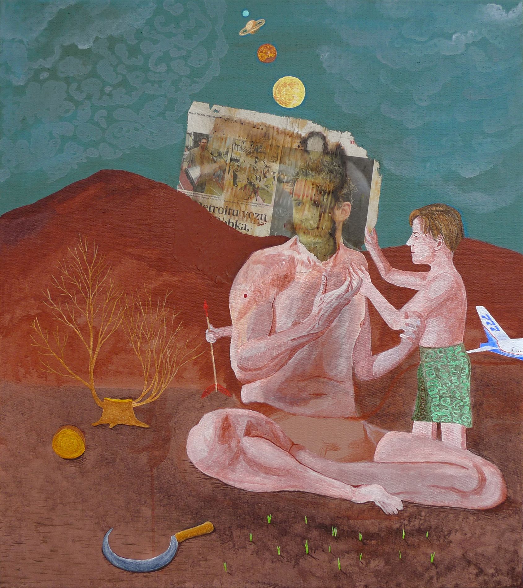 Jan Karpíšek: Therapy of a wounded warrior, koláž / akryl na plátně, 90x80 cm, 2015