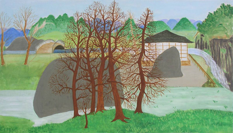 Jan Karpíšek - Diplomová práce: Vodopád (Japonská zahrada), olej na plátně, 65x115 cm, 2005